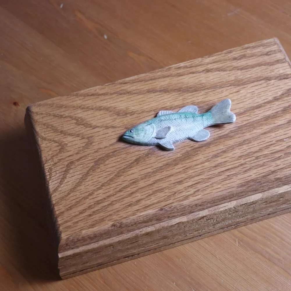Wooden box for desk with letter opener, small carved fish on top, lid opens,